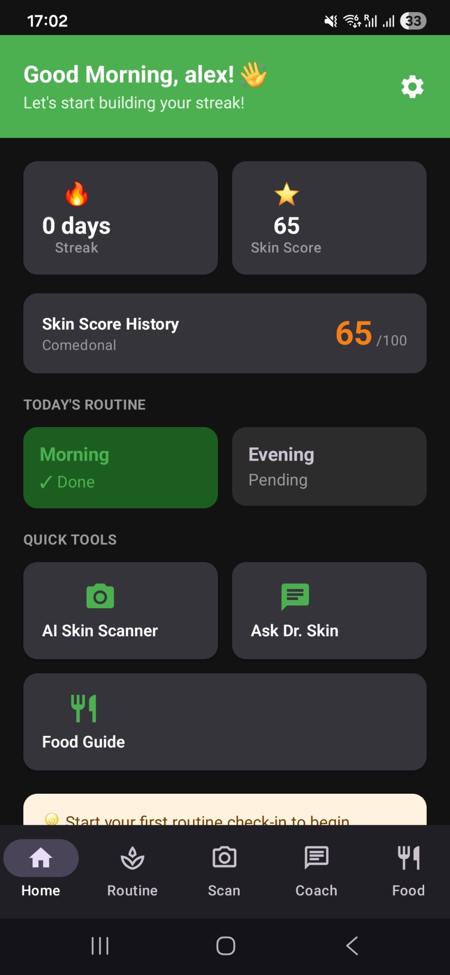 AcneTrack Home Dashboard screenshot